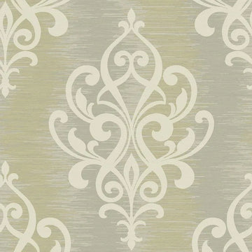 Closeup of a wallpaper showing its Damask, Neutrals, Silver pattern, color, and subtle texture.