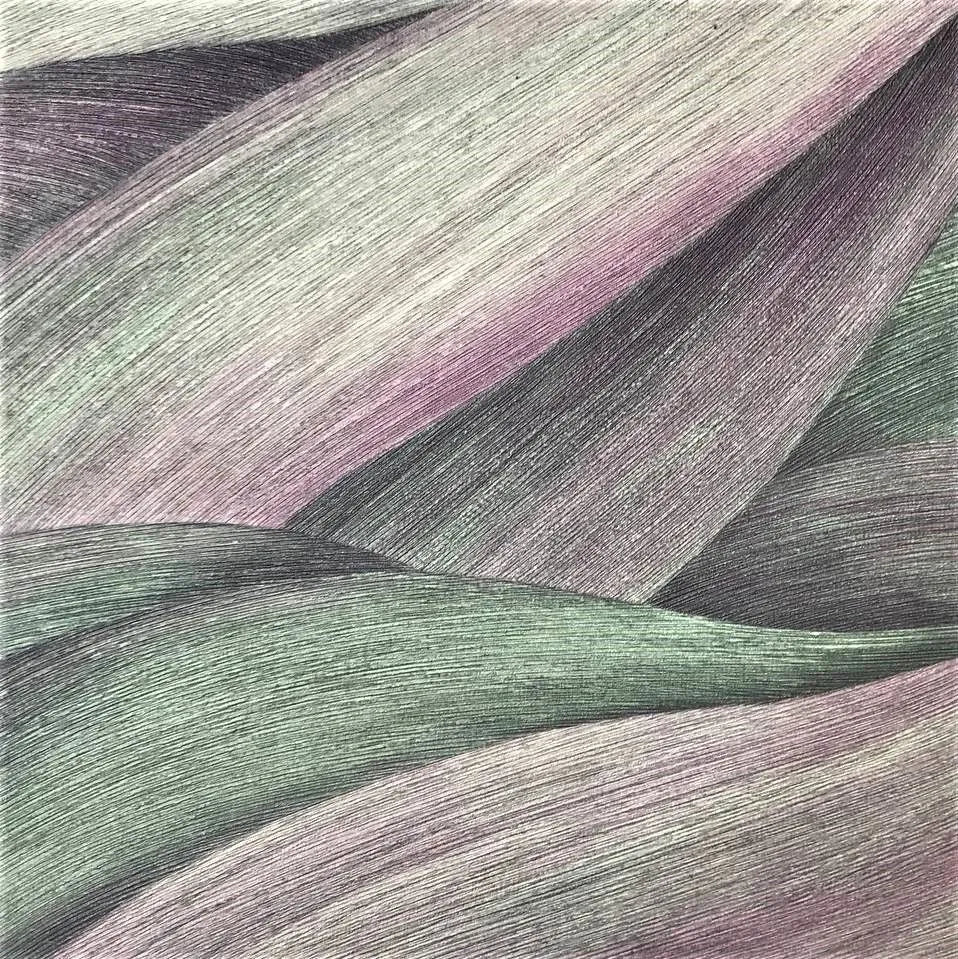 Closeup of a wallpaper showing its Contemporary, Green, Textures, Waves pattern, color, and subtle texture.