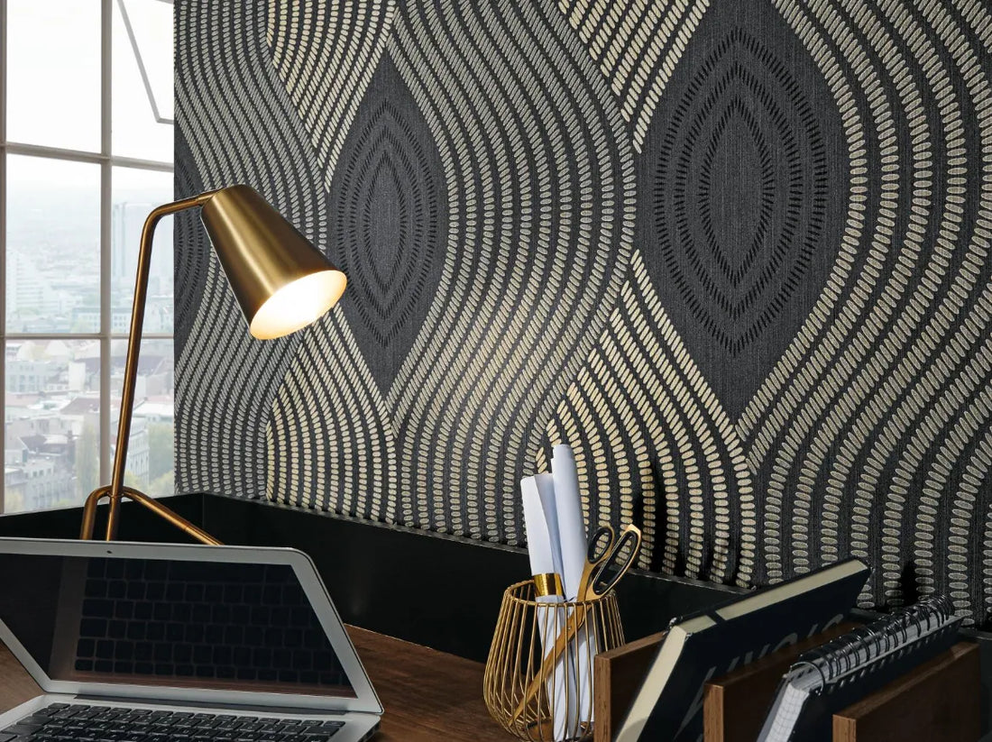 Closeup of a wallpaper showing its Black, Contemporary, Dramatic, Waves pattern, color, and subtle texture.