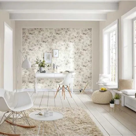 Wallpaper installed in a room showing its full pattern, color