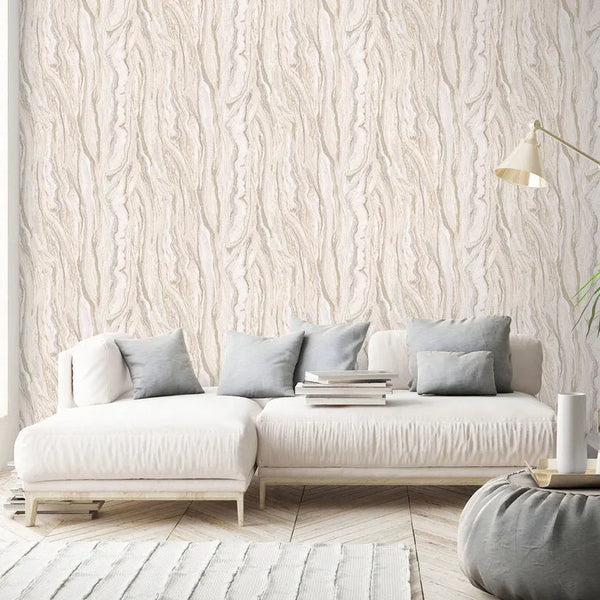 Wallpaper installed in a room showing its full pattern, color