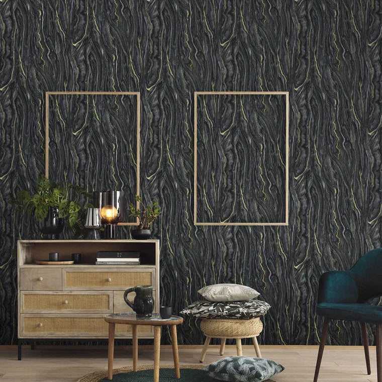 Wallpaper installed in a room showing its full pattern, color