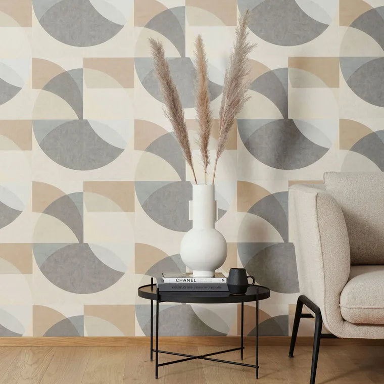 Closeup of a wallpaper showing its Abstract, Contemporary, Geometric, Multicolour, Neutrals pattern, color, and texture.