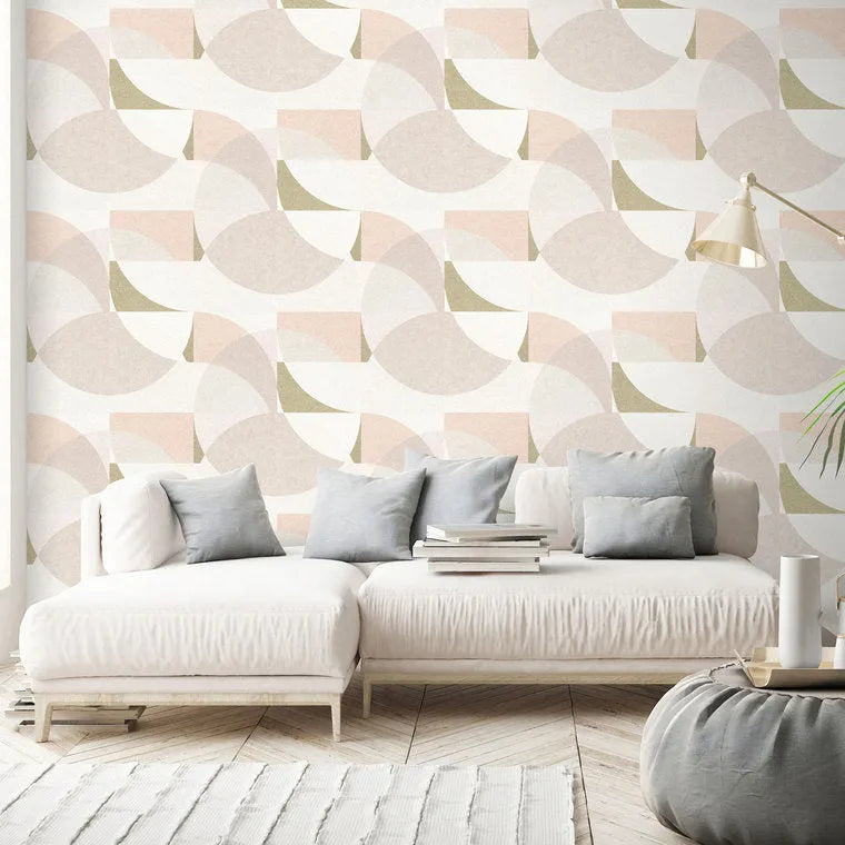 Closeup of a wallpaper showing its Abstract, Contemporary, Geometric, Multicolour, Neutrals pattern, color, and texture.