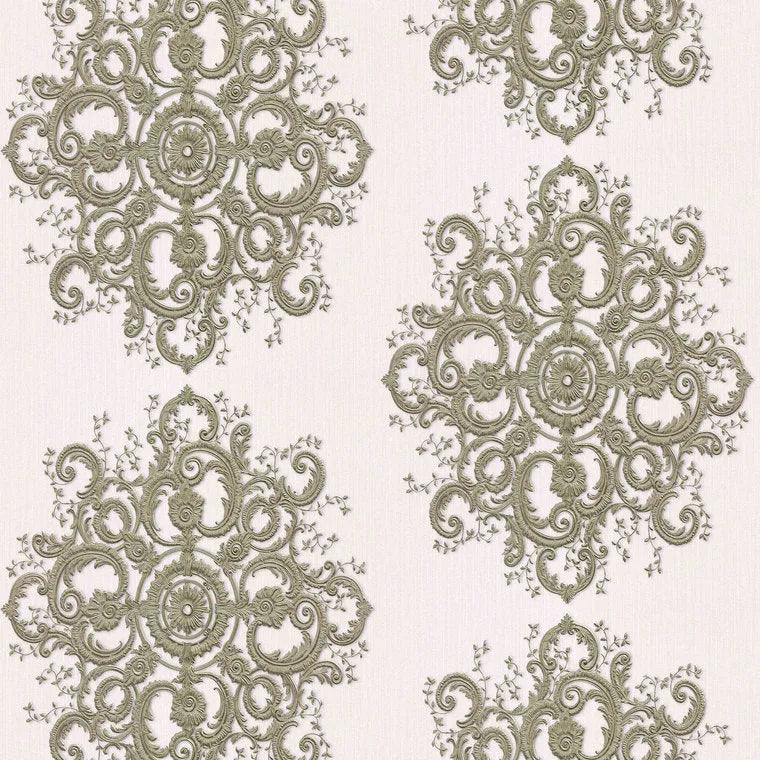 Closeup of a wallpaper showing its Contemporary, Damask, Floral, Two-tone pattern, color, and texture.