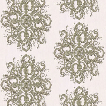 Closeup of a wallpaper showing its Contemporary, Damask, Floral, Two-tone pattern, color, and texture.