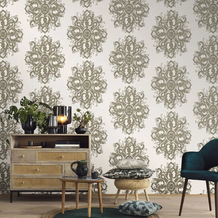 Closeup of a wallpaper showing its Contemporary, Damask, Floral, Two-tone pattern, color, and texture.