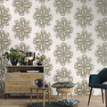 Wallpaper installed in a room showing its full pattern, color