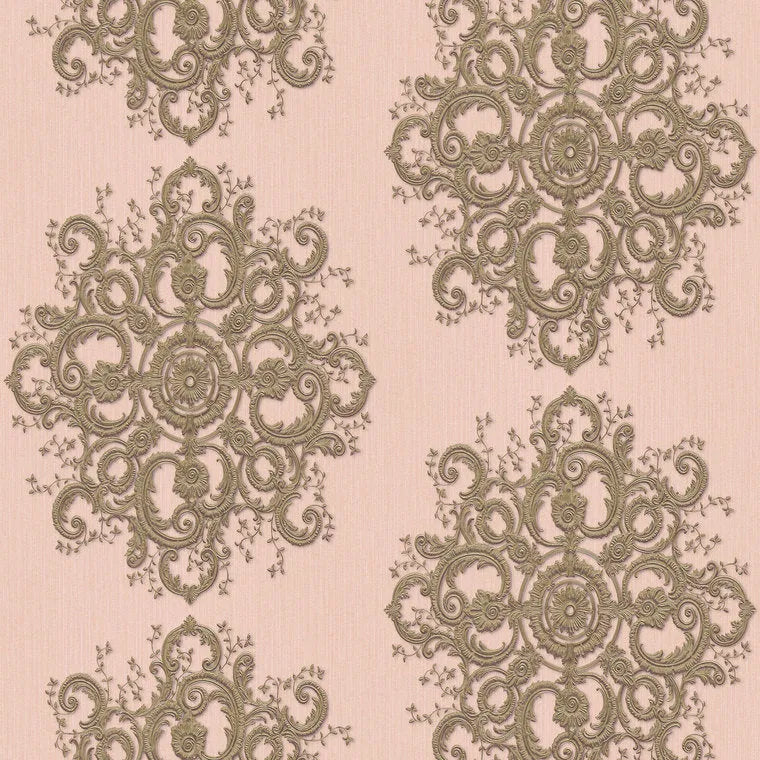 Closeup of a wallpaper showing its Contemporary, Damask, Floral, Two-tone pattern, color, and texture.