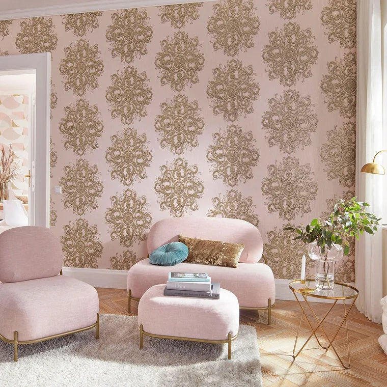 Closeup of a wallpaper showing its Contemporary, Damask, Floral, Two-tone pattern, color, and texture.