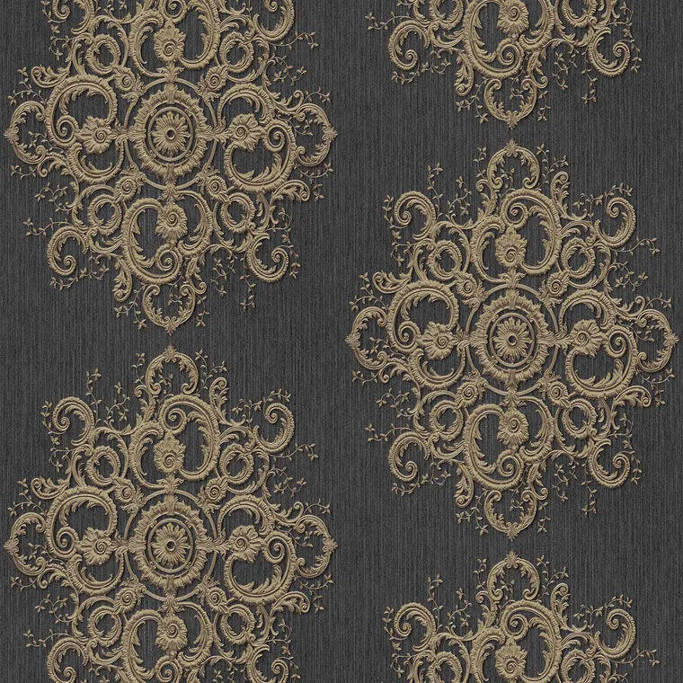 Closeup of a wallpaper showing its Contemporary, Damask, Dramatic, Floral, Two-tone pattern, color, and texture.