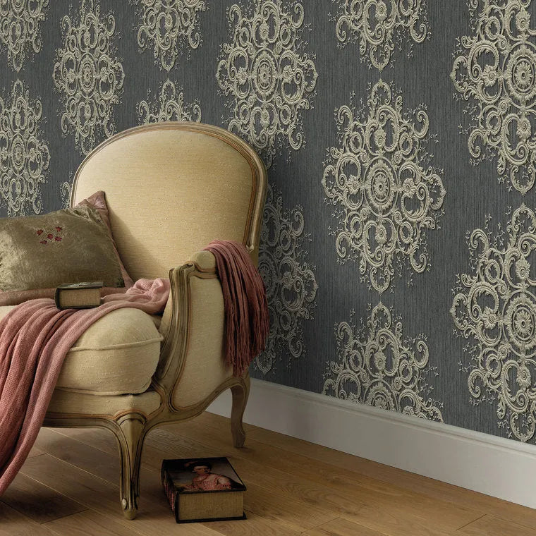 Closeup of a wallpaper showing its Contemporary, Damask, Dramatic, Floral, Two-tone pattern, color, and texture.