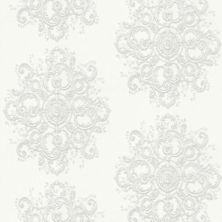 Closeup of a wallpaper showing its Contemporary, Damask, Floral, Monochrome, Two-tone pattern, color, and texture.