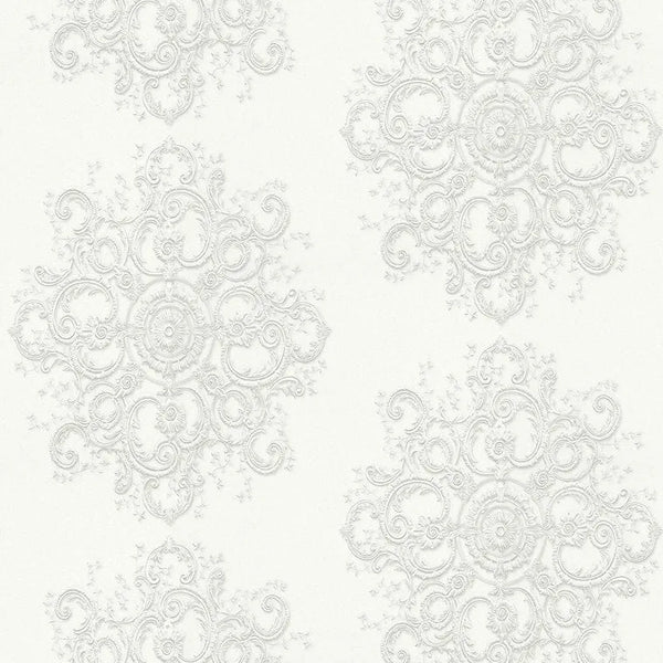 Closeup of a wallpaper showing its Contemporary, Damask, Floral, Monochrome, Two-tone pattern, color, and texture.