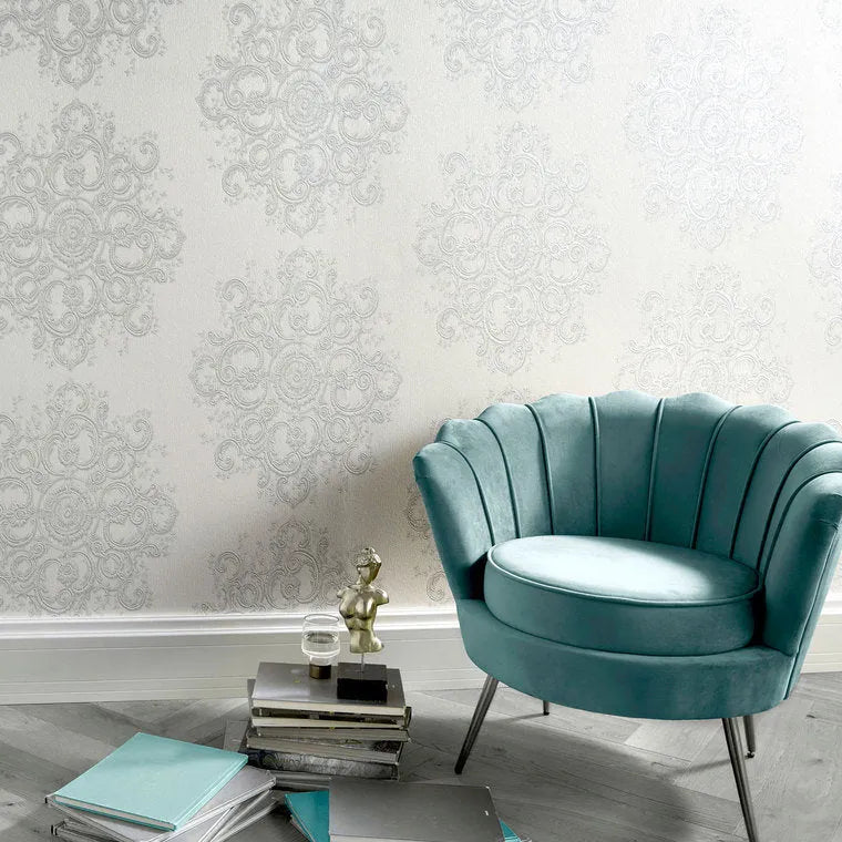 Closeup of a wallpaper showing its Contemporary, Damask, Floral, Monochrome, Two-tone pattern, color, and texture.