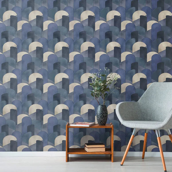 Wallpaper installed in a room showing its full pattern, color