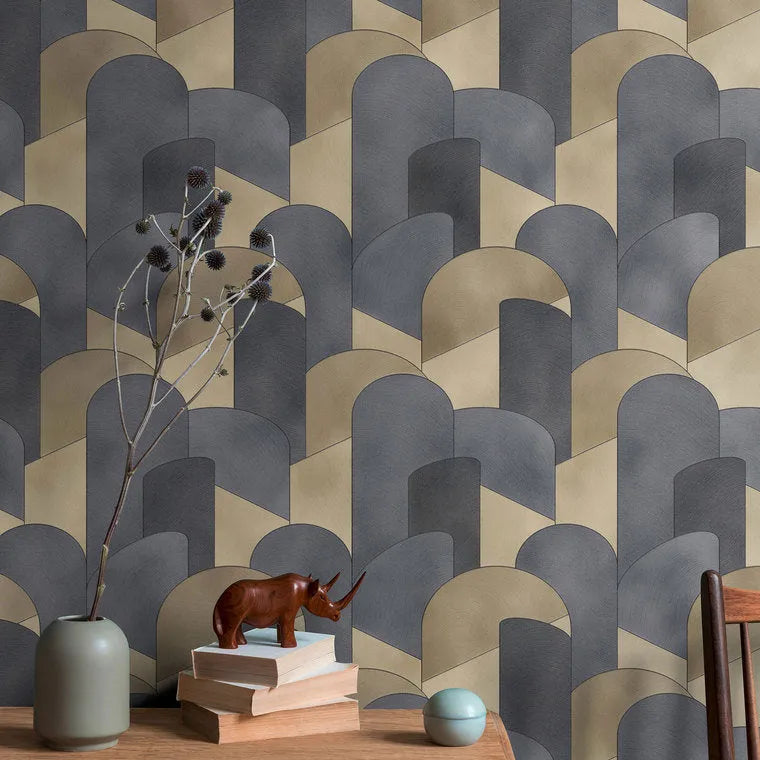 Closeup of a wallpaper showing its Art-Deco, Contemporary, Dramatic, Multicolour pattern, color, and texture.