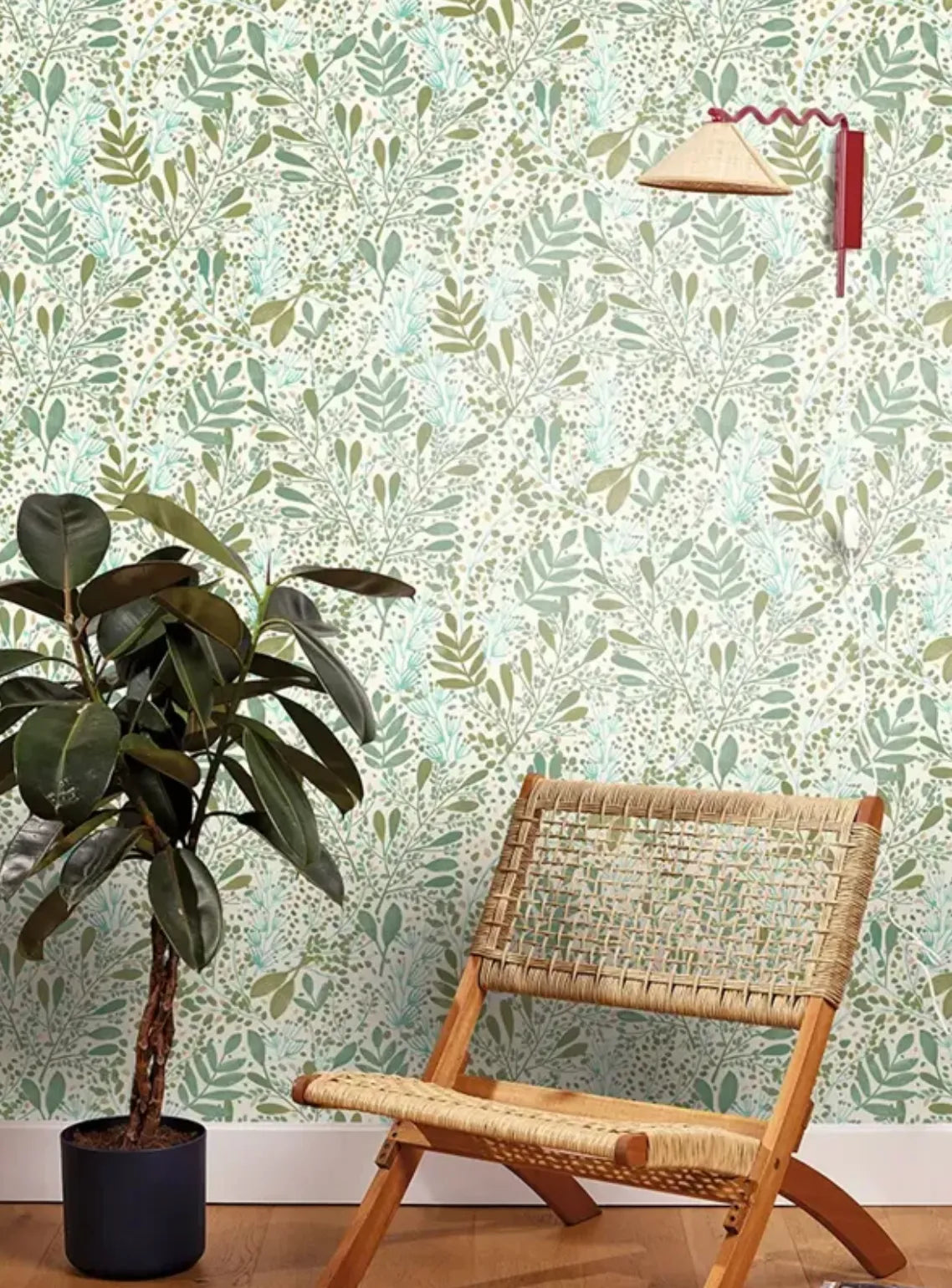 Wallpaper installed in a room showing its full pattern, color