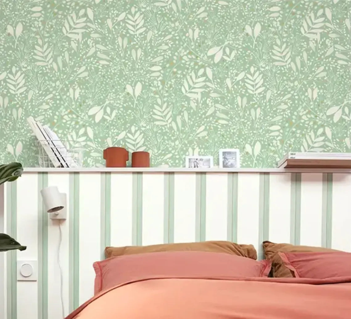 Wallpaper installed in a room showing its full pattern, color