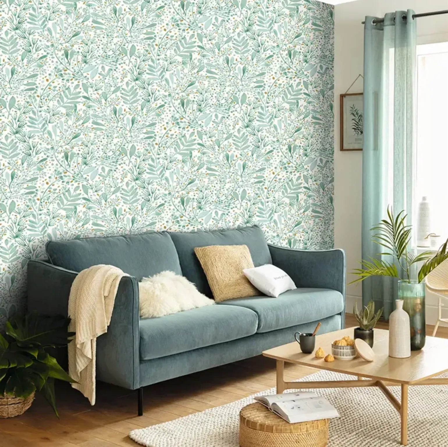 Wallpaper installed in a room showing its full pattern, color