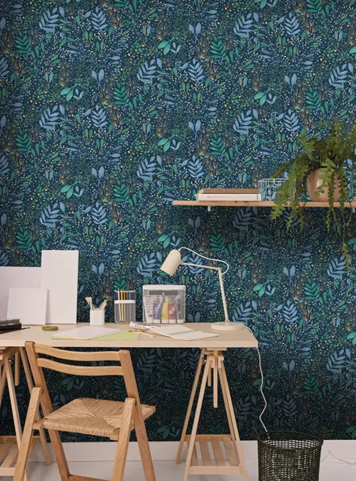 Wallpaper installed in a room showing its full pattern, color