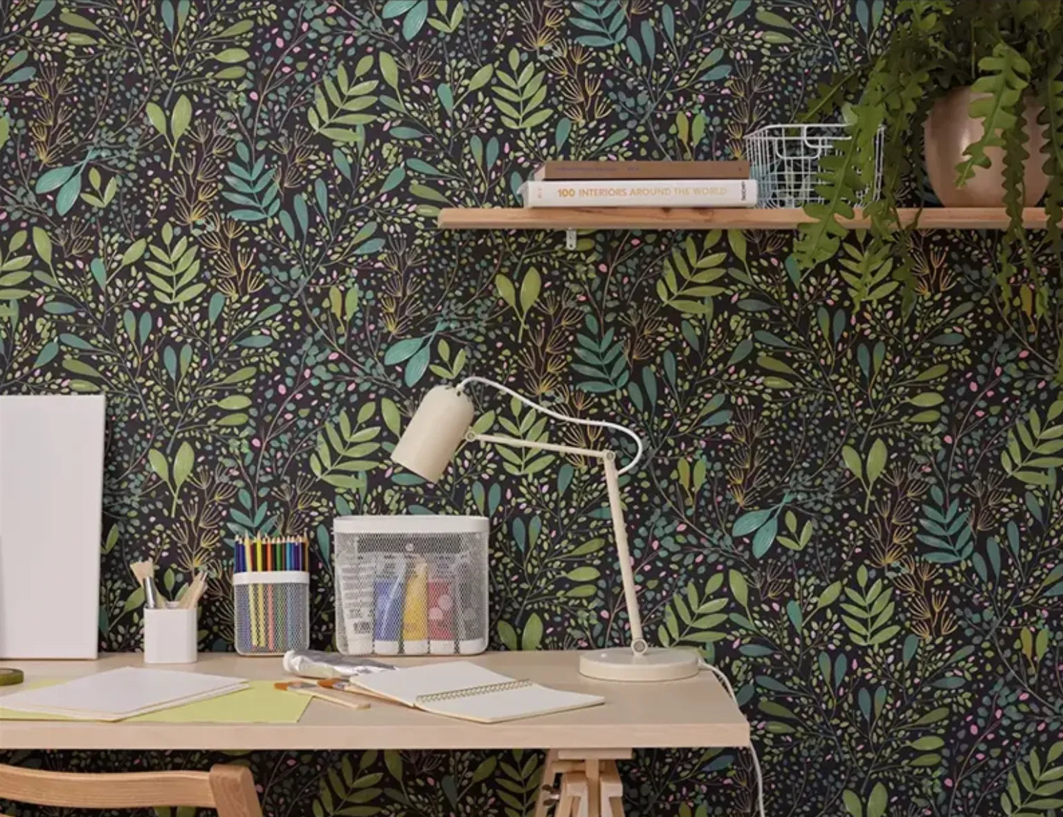 Wallpaper installed in a room showing its full pattern, color