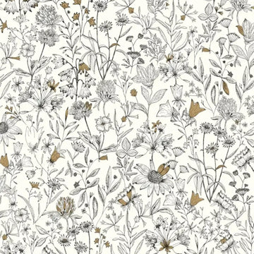 Closeup of a wallpaper showing its Art-Deco, Floral pattern, color, and subtle texture.