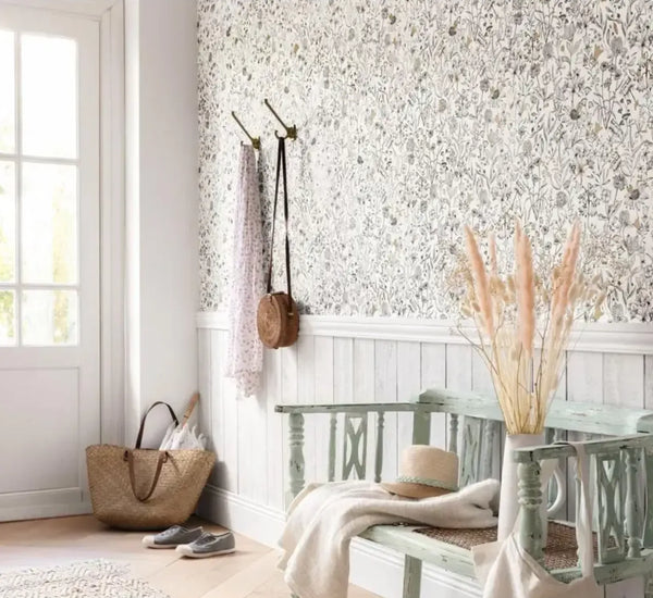 Wallpaper installed in a room showing its full pattern, color