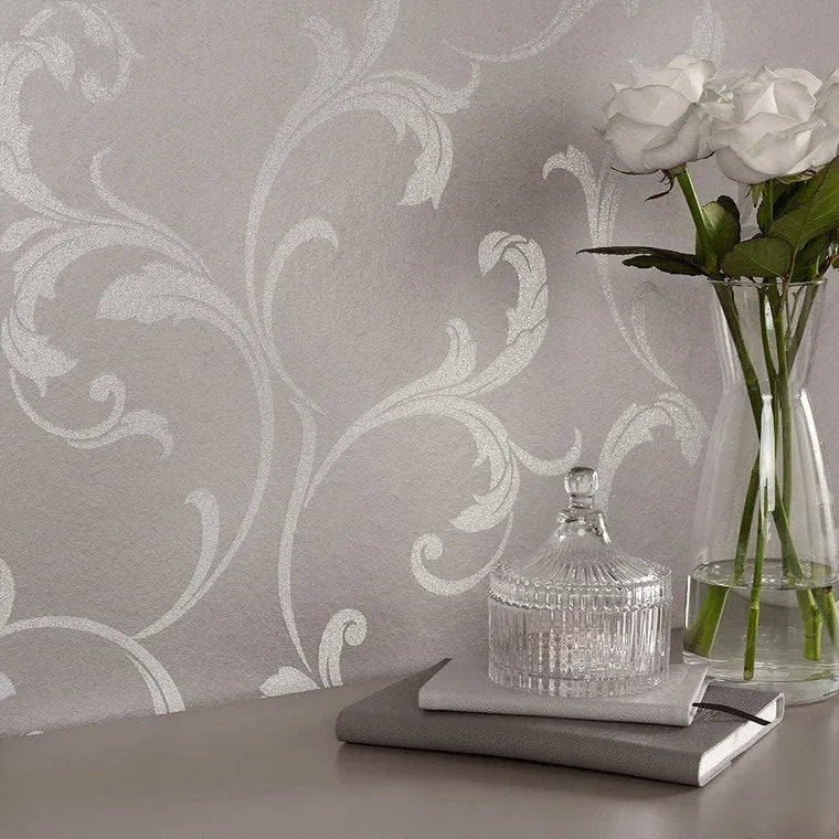 Closeup of a wallpaper showing its Silver pattern, color, and subtle texture.