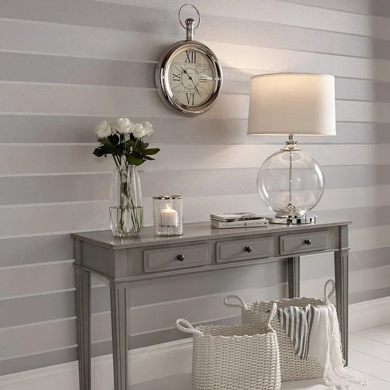 Closeup of a wallpaper showing its Neutrals, Silver, Stripes pattern, color, and subtle texture.