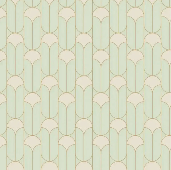 Closeup of a wallpaper showing its Art-Deco, Neutrals, Two-tone pattern, color, and subtle texture.