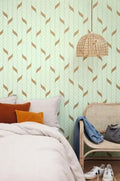 Wallpaper installed in a room showing its full pattern, color