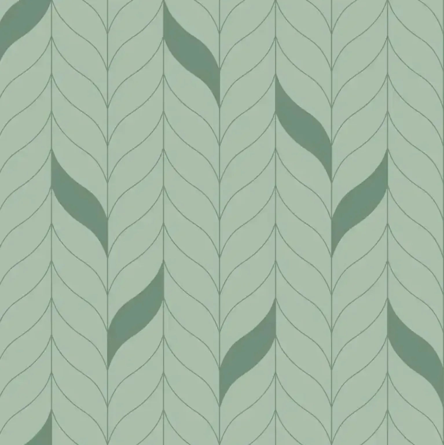 Closeup of a wallpaper showing its Art-Deco pattern, color, and subtle texture.