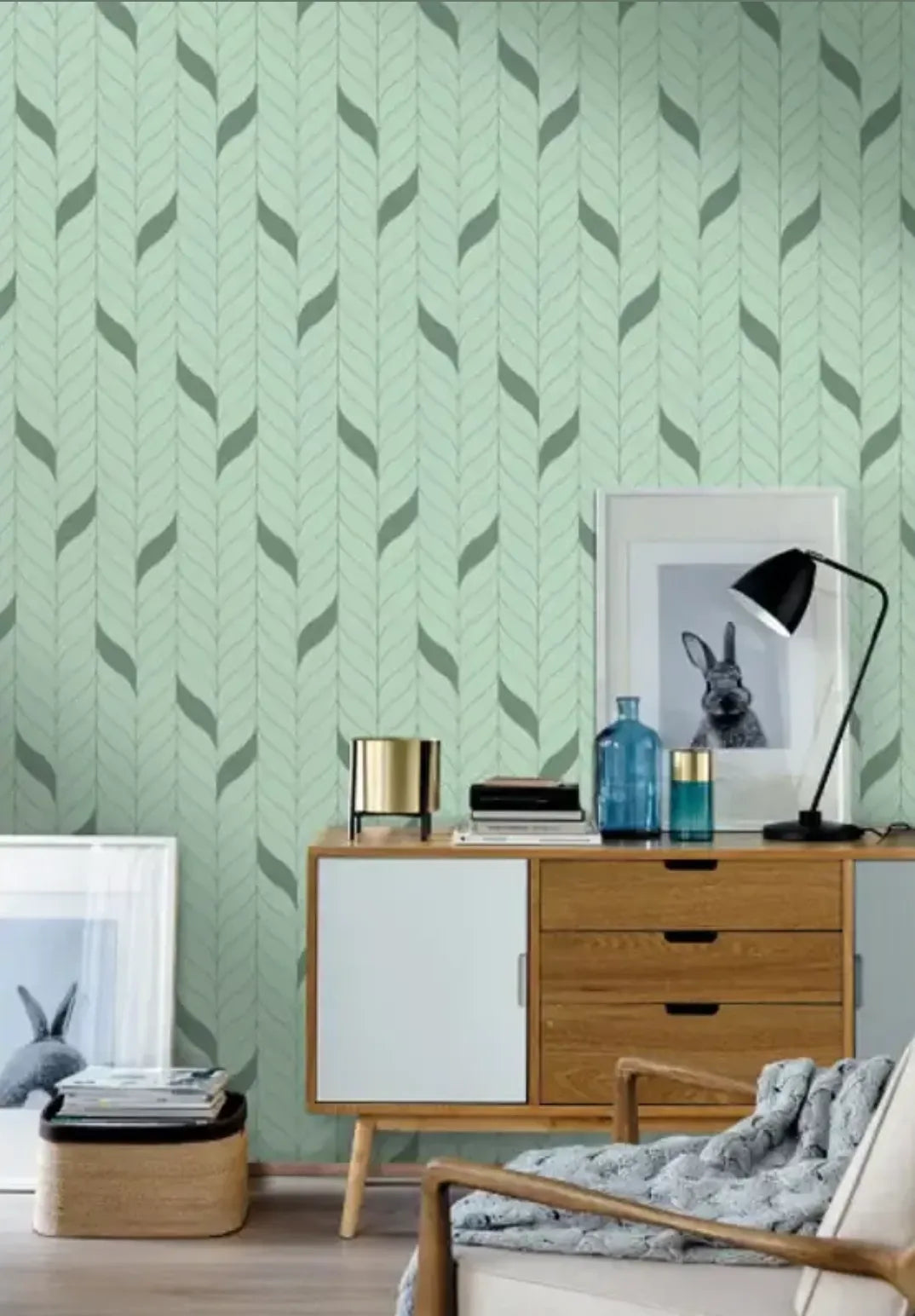 Wallpaper installed in a room showing its full pattern, color