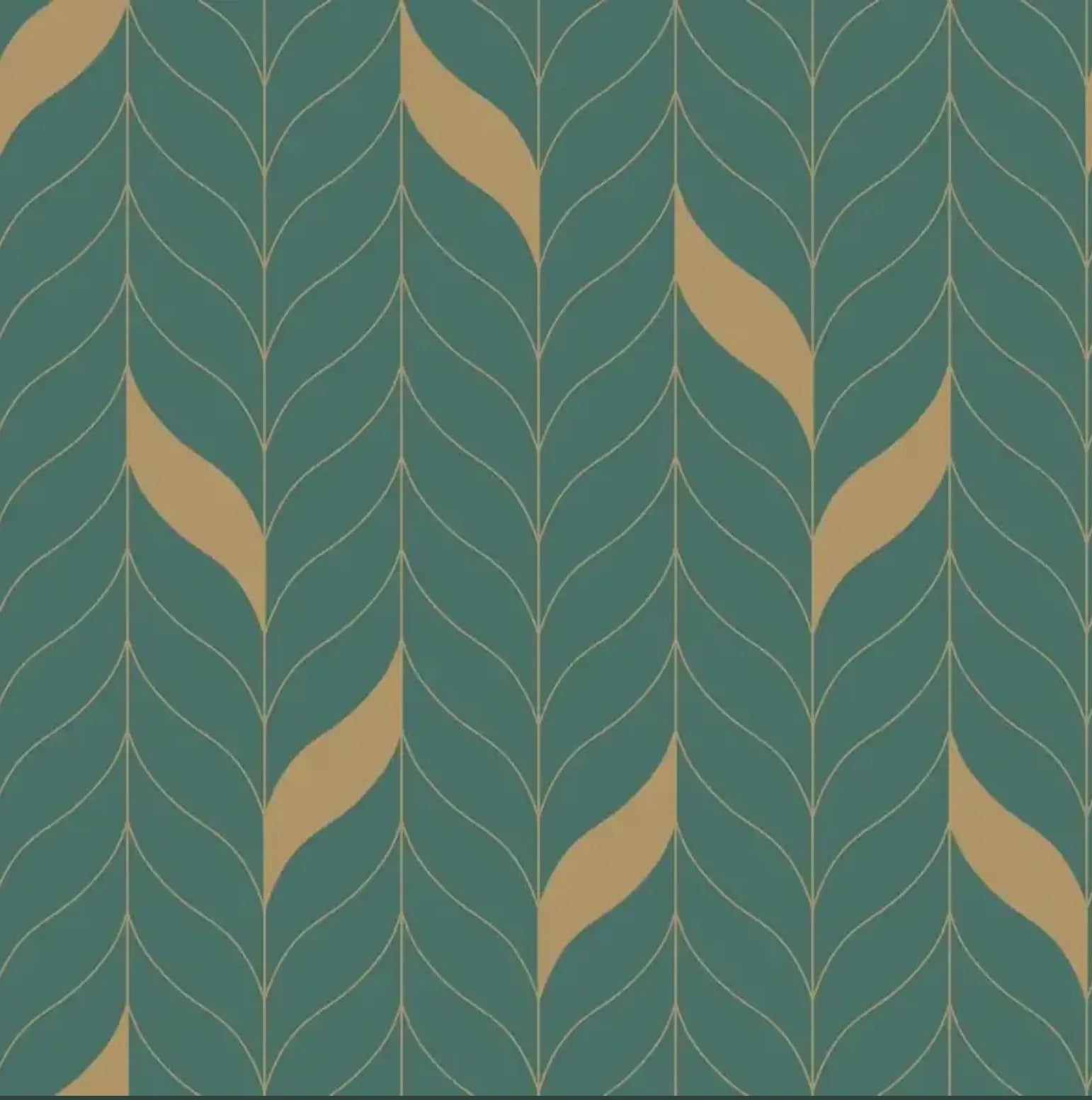 Closeup of a wallpaper showing its Art-Deco, Two-tone pattern, color, and subtle texture.