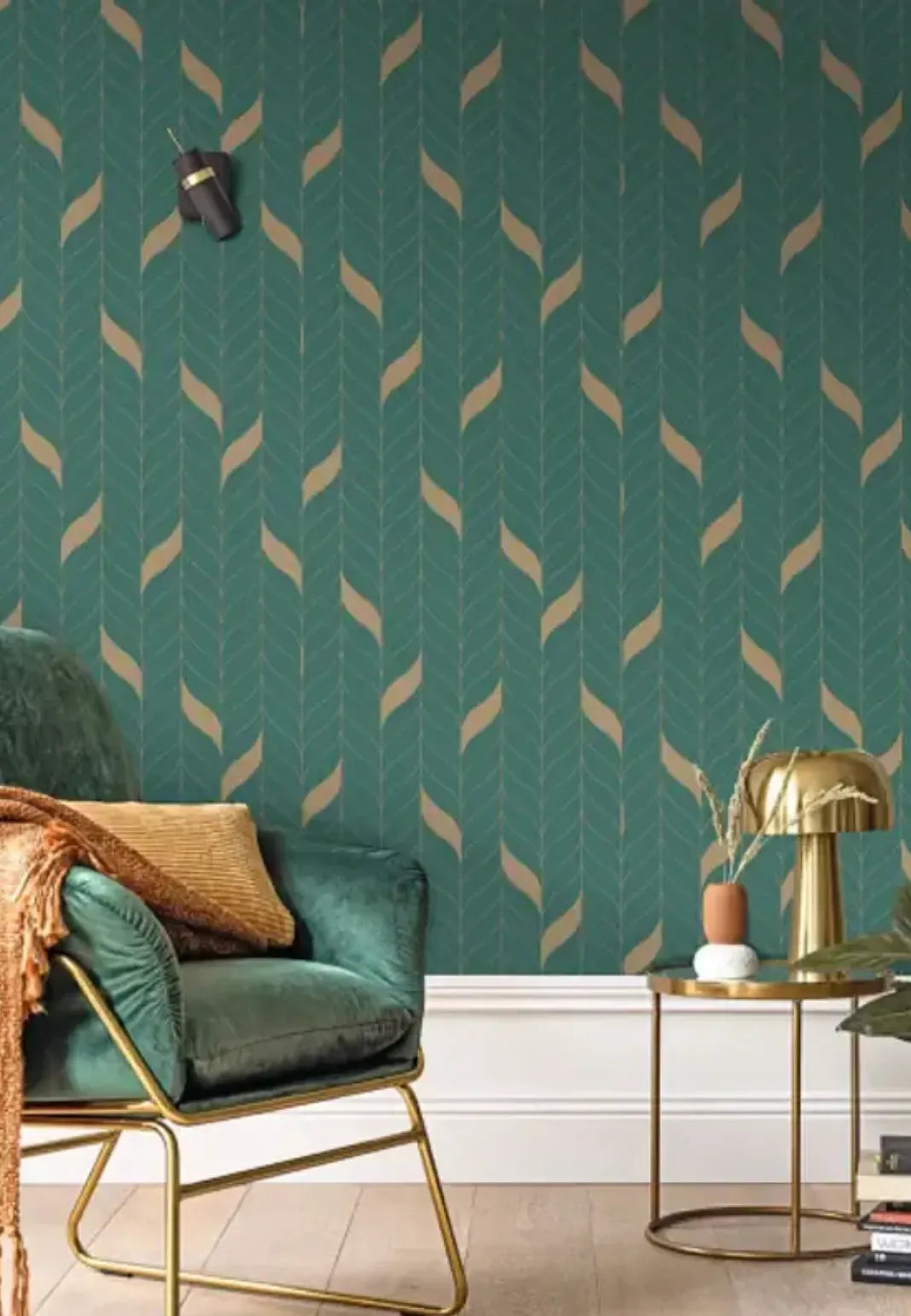 Closeup of a wallpaper showing its Art-Deco, Two-tone pattern, color, and subtle texture.