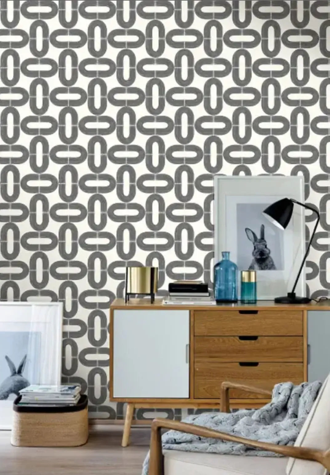 Wallpaper installed in a room showing its full pattern, color