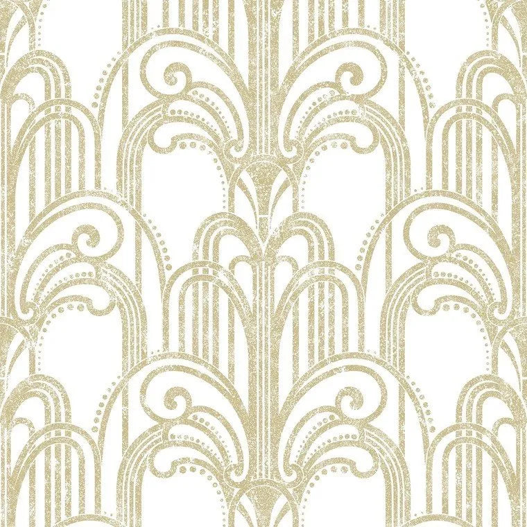 Closeup of a wallpaper showing its Art-Deco, Damask, Gold, Two-tone, White pattern, color, and subtle texture.