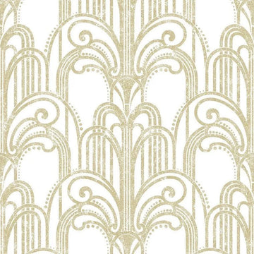 Closeup of a wallpaper showing its Art-Deco, Damask, Gold, Two-tone, White pattern, color, and subtle texture.