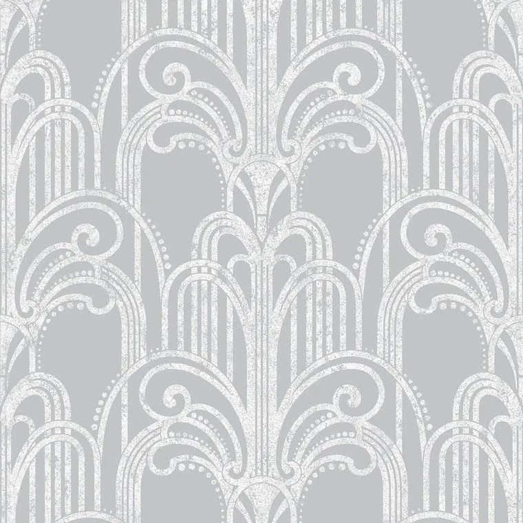 Closeup of a wallpaper showing its Art-Deco, Damask, Grey, Monochrome, Silver, Two-tone pattern, color, and subtle texture.