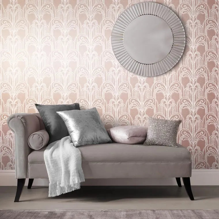 Closeup of a wallpaper showing its Art-Deco, Damask, Pink, Taupe, Two-tone pattern, color, and subtle texture.