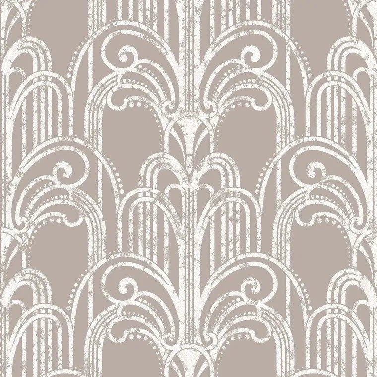 Closeup of a wallpaper showing its Art-Deco, Damask, Pink, Taupe, Two-tone pattern, color, and subtle texture.