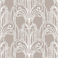 Closeup of a wallpaper showing its Art-Deco, Damask, Pink, Taupe, Two-tone pattern, color, and subtle texture.