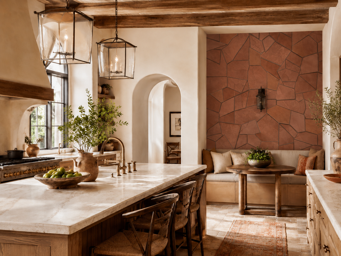 Erismann Elle Decoration 4 terracotta geometric wallpaper with textured panels and structured design