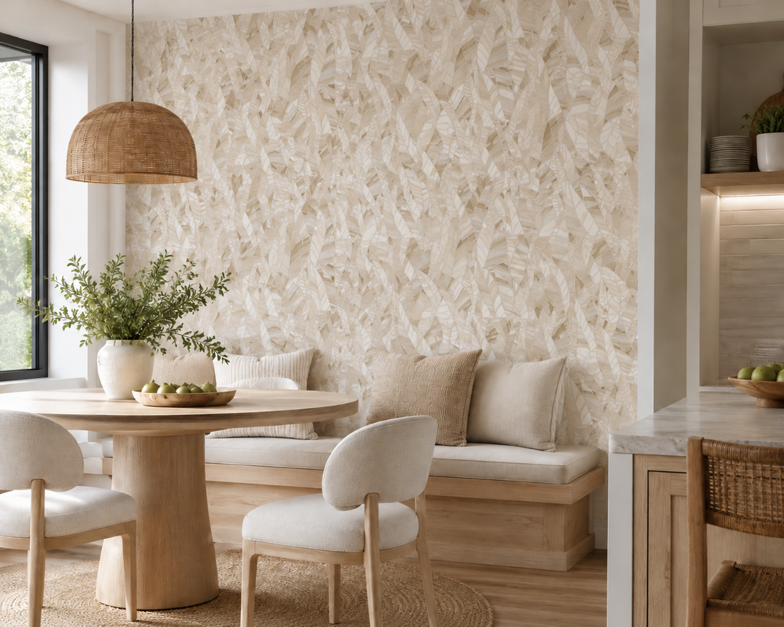 Erismann Elle Decoration 4 beige botanical wallpaper with layered leaf pattern and textured finish