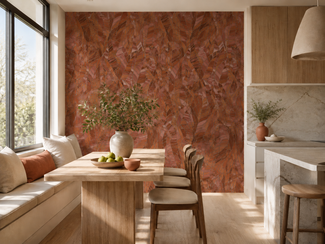 Erismann Elle Decoration 4 terracotta botanical wallpaper with layered leaf pattern and textured finish