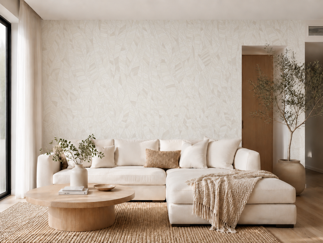 Erismann Elle Decoration 4 cream botanical wallpaper with subtle leaf pattern and textured finish