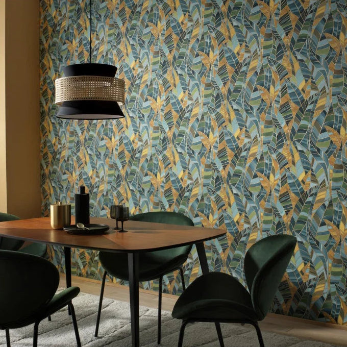 Erismann Elle Decoration 4 green botanical wallpaper with layered leaf pattern and textured finish