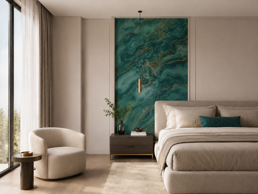 Erismann Elle Decoration 4 marble wallpaper in deep green tones with gold accents and fluid abstract pattern