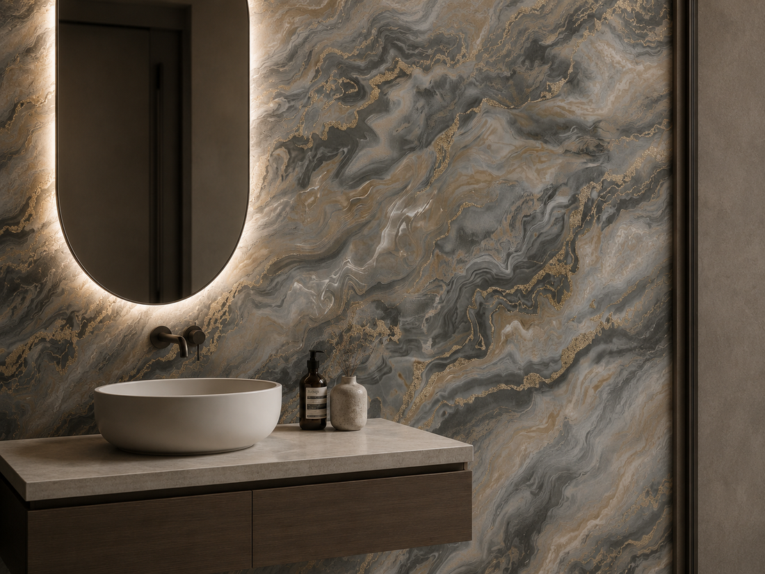 Erismann Elle Decoration 4 marble wallpaper in grey and taupe tones with gold accents and fluid abstract pattern